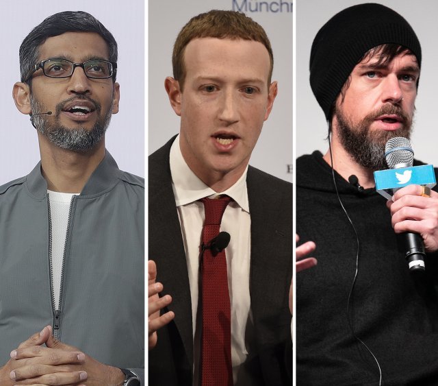 왼쪽부터 구글 모회사 알파벳의 순다르 피차이 CEO, 마크 저커버그 페이스북 CEO, 잭 도시 트위터 CEO. 사진 뉴시스