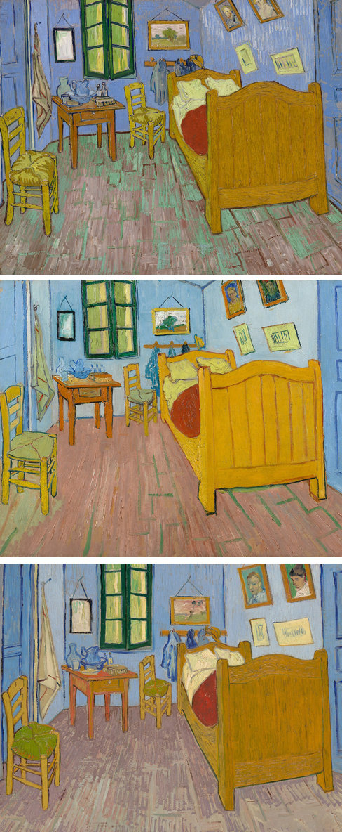 빈센트 반 고흐가 프랑스 아를의 자기 방을 세 가지 버전으로 그린 작품들. 위로부터 시카고미술관(1889년), 암스테르담 반고흐미술관(1888년), 오르세미술관(1889년) 소장본. 시카고 미술관 제공.