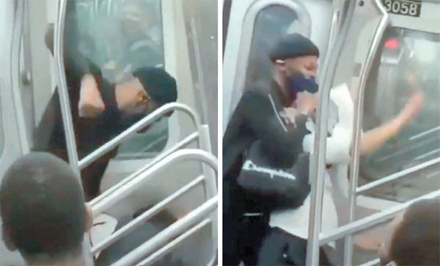 미국 뉴욕의 지하철에서 모자를 쓴 흑인 남성이 아시아계 남성을 무차별 폭행하는 영상이 29일 공개됐다. 이 흑인 남성이 아시아계 
남성의 목을 조르고 벽으로 밀치자 아시아계 남성은 결국 기절했다. 옆에 있던 시민들은 제지하지 않고 지켜보기만 했다. 더힐 트위터
 캡처