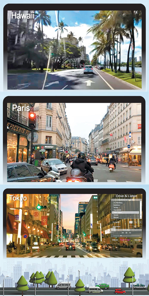 차량 안에서 창 밖 풍경을 내다보는 듯한 랜선 여행 웹 페이지 ‘드라이브 앤드 리슨’. 오른쪽 하단에 실시간 방송되는 현지 라디오가 표시된다. 위쪽부터 미국 하와이, 프랑스 파리, 일본 도쿄 거리. 이용자들은 “기발하다” “고맙다”고 말한다. 드라이브 앤드 리슨 화면 캡처