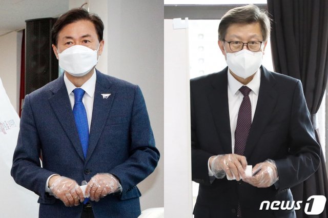 김영춘 더불어민주당 부산시장 후보(왼쪽)와 박형준 국민의힘 부산시장 후보가 2일 부산진구 노인장애인복지관과 부산 해운대구 해운대구청에서 4·7 재보궐선거 사전투표를 하고 있다. 2021.4.2 © News1