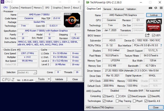 AMD 라이젠 7 5800U 프로세서 CPU-Z 정보(좌)와 GPU-Z(우). 출처=IT동아