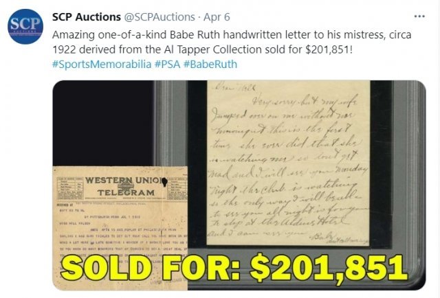 메이저리그(MLB)의 전설 베이브 루스가 직접 쓴 편지가 경매에서 20만1851달러(약 2억2500만원)에 팔렸다. [서울=뉴시스]