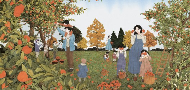 박혜미 그림작가가 그린 평범한 가을의 풍경. 그림책 ‘당연한 것들’에는 코로나19가 없는 봄 여름 가을 겨울을 즐기는 사람들의 모습이 담겨 있다. 웅진주니어 제공