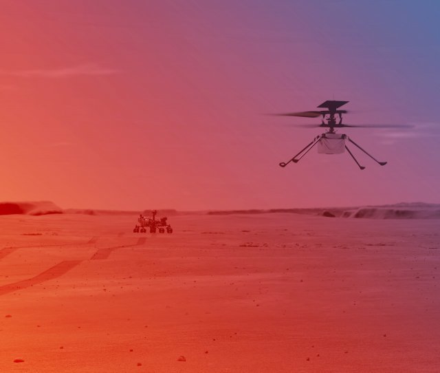 붉은 행성 화성 표면을 탐사하고 있는 탐사 로버 ‘퍼시비어런스(왼쪽 아래)’와 화성 상공을 날고 있는 무인 헬기 ‘인저뉴이티’의 상상도. NASA 제공.