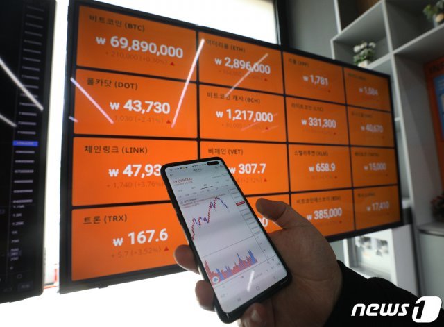 서울 강남구 빗썸 강남고객센터에서 한 시민이 스마트폰으로 가상화폐 시세를 확인하고 있다.  © News1