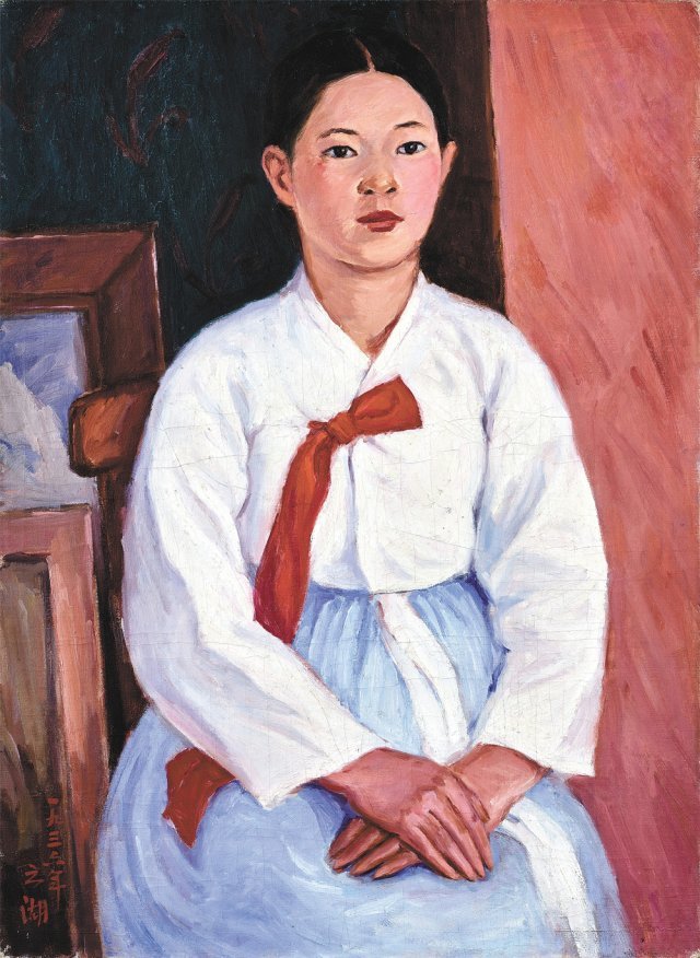 오지호가 개성에서 교사로 머물던 시절 아내를 그린 ‘처의 상’. 흰색 저고리와 옥색 치마 등 1930년대 전형적 한국 여성의 모습을 보여준다. 국립현대미술관 소장