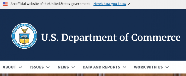 미국 상무부 홈페이지. 100년이 넘게 같은 이름을 사용하고 있다. (출처=미국 상무부)
