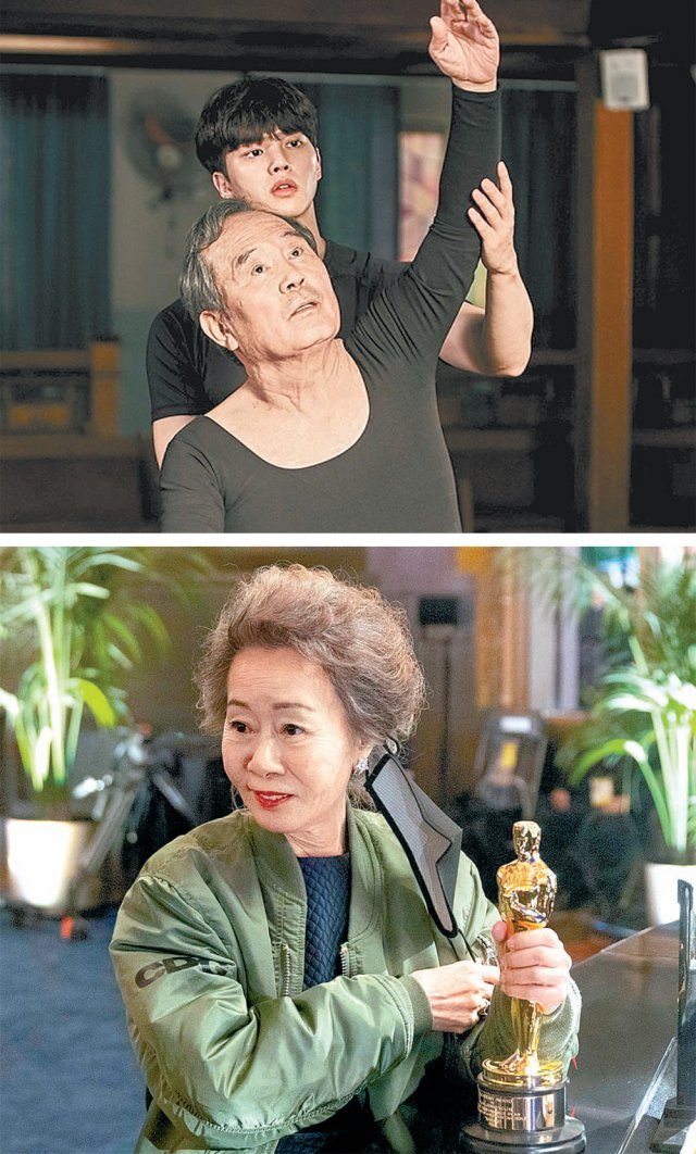 노년 배우들의 약진에 중장년층이 덩달아 용기를 얻고 있다. 27일 종영한 tvN 드라마 ‘나빌레라’에서 박인환(위쪽 사진 앞)은 70세에 오랜 꿈이었던 발레를 시작하는 심덕출을 연기해 진한 여운을 남겼다. 윤여정은 74세에 한국인 최초로 아카데미 여우조연상을 받으며 ‘인생은 70부터’라는 말을 실감케 했다. CJ ENM·게티이미지 제공