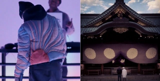 저스틴 비버가 지난 9일 욱일기 문양의 패딩을 입고 일본 TV아사히 음악 프로그램에 출연해 신곡을 선보인 모습(왼쪽)과 2014년 야스쿠니 신사에 참배한 모습(오른쪽). 사진=서경덕 교수 인스타그램