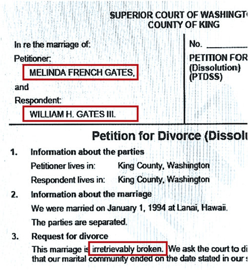부인 멀린다가 이혼 신청  법원에 제출된 둘 간의 이혼신청서에는 이혼 신청인이 멀린다,
 피신청인은 빌 게이츠로 각각 적혀 있다. 아래에는 ‘결혼 생활이 돌이킬 수 없는 파탄에 이르렀다’고 적혀 있다. 미 연예매체 TMZ