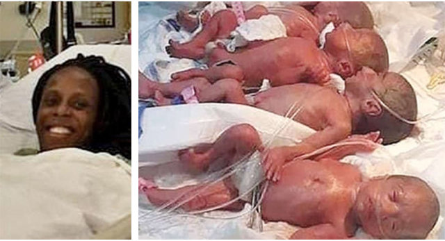 4일(현지 시간) 모로코 카사블랑카의 아인보르하 병원에서 아홉 쌍둥이를 낳은 서아프리카 말리 여성 할리마 시세 씨가 출산 후 병실에서 환하게 웃고 있다. 오른쪽 사진은 이날 태어난 아홉 쌍둥이가 소아병동에 누워 있는 모습. 사진 출처 스마트이글스 페이스북