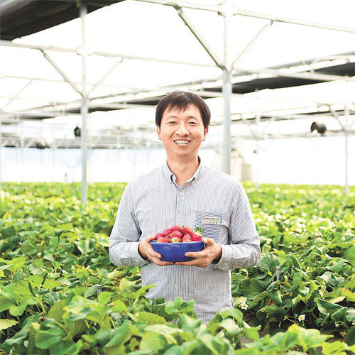 경기 여주시에서 스마트팜을 운영하고 있는 오성일 씨가 자신이 기른 딸기를 들고 활짝 웃고 있다. 여주시청 홈페이지 캡처