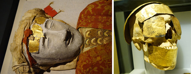 과거 마스크는 주술적 의미를 담거나 인간의 초월적 욕망을 표현하는 수단이었다. 잉판의 미남이라 불린 2000년 전 실크로드의 미라가 쓴 마스크(왼쪽 사진)와 기원전 18세기 아시리아에서 만들었던 황금 마스크. 강인욱 교수 제공