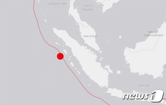 인도네시아 북수마트라주 서쪽 해상에서 규모 6.6 지진이 발생했다. 출처=미 지질조사국 © 뉴스1