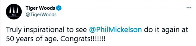 24일 타이거 우즈가 자신의 트위터에 올린 필 미컬슨을 향한 축하 메시지. 타이거 우즈 트위터 캡처