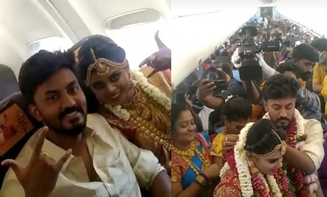 인도의 한 커플이 코로나19로 하객 수가 50명으로 제한되자, 160여 명과 비행기를 타고 결혼식을 올렸다. (데일리메일 갈무리) © 뉴스1
