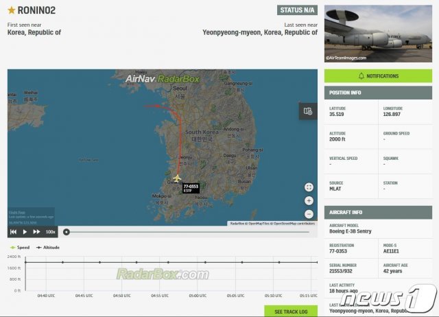 미국 공군이 운용하는 조기경보통제기 E-3B ‘센트리’가 26일 한반도 상공에 전개됐던 것으로 파악됐다. (레이더박스 캡처) (© 뉴스1