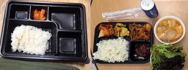 휴가를 다녀와 코로나 19 예방차원에서 격리중인 장병에게 배급된 부실 도시락(왼쪽), 27일 여당대표가 방문한 날 격리중인 장병들에게 배급된 도시락. 국회사진기자단