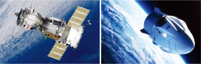 우주왕복선 소유즈(왼쪽)와 우주왕복선 크루 드래건. 로스코스모스, 스페이스X
