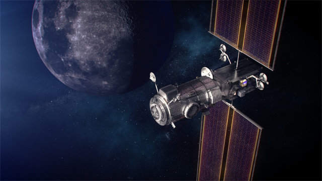 달 궤도에 설치될 루나 게이트웨이의 상상도.

NASA 제공