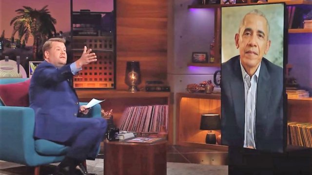 한미 정상의 기자회견 나흘 전 CBS 심야 토크쇼 ‘레이트 레이트 쇼 위드 제임스 코든(왼쪽)’에 화상 출연해 UFO에 대해 얘기한 버락 오바마 전 대통령(오른쪽).