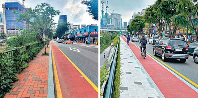 청계천을 따라 새롭게 자전거 전용도로가 조성된 청계4가 인근의 모습(오른쪽 사진). 서울시는 차도와 같은 높이로 놓인 
자전거 전용도로(왼쪽 사진)를 보도와 같은 높이로 변경해 자전거가 안전하게 통행할 수 있도록 했다. 서울시 제공