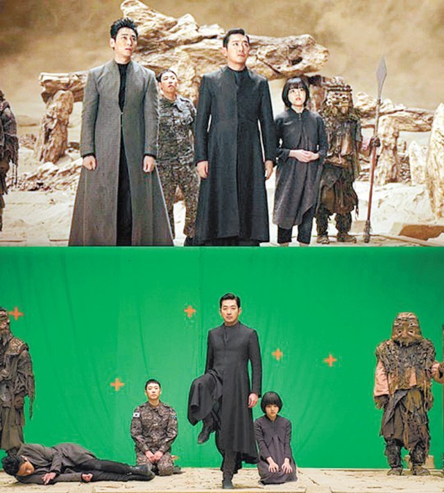 CG를 많이 사용한 영화 ‘신과 함께’(2017년) 촬영 당시 배우들은 그린스크린 앞에서 상상을 하며 연기했다. 롯데엔터테인먼트 제공