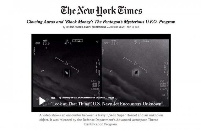 2017년 12월 16일 뉴욕타임스(NYT) 1면에 실린 UFO 기사. NYT