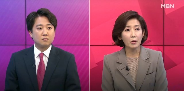 1일 MBN ‘국민의당 대표 후보 토론회’에서 이준석 후보가 “저더러 트럼프를 닮았다며 혐오 이미지를 덧씌우고 있다”고 공격하자 나경원 후보가 “진중권 교수 칼럼을 인용한 것”이라고 받아치고 있다. (MBN 갈무리) © 뉴스1