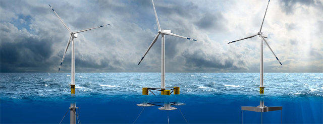 미래 해상풍력 기술의 대세로 꼽히는 부유식 해상풍력 발전기. 부유체 높이와 계류 방식에 따라 크게 3가지가 있다. 국제재생에너지기구(IREA) 제공