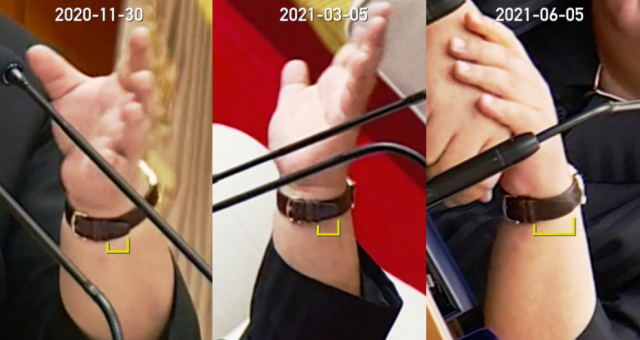 지난해 11월과 올해 3월, 그리고 6월 김정은 북한 국무위원장이 같은 손목시계를 착용하고 나온 모습. 사진=엔케이뉴스(조선중앙통신 캡처)