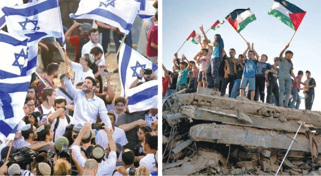 이스라엘 극우파 ‘예루살렘의 날’ 깃발 행진… 발끈한 팔레스타인 반대 시위 15일 이스라엘의 동예루살렘 점령을 기념하는 ‘예루살렘의 날’ 행사 중 하나인 깃발 행진에 나온 극우파 시위대가 이스라엘 국기를 흔들며 예루살렘 구시가지를 지나고 있다. 이날 행진에 동참한 이스라엘 국회의원 베잘렐 스모트리히가 시위대 한가운데서 한 시민의 어깨에 올라타 깃발을 흔들고 있다(왼쪽 사진). 같은 날 가자지구 북부에서는 팔레스타인 주민들이 지난달 이스라엘 공습으로 무너진 건물 잔해 위에 올라가 팔레스타인 국기를 흔들고 있다. 예루살렘·가자지구=AP 뉴시스