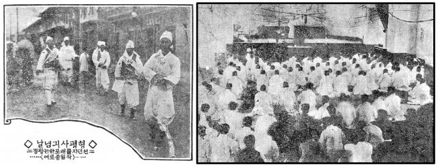 오른쪽은 1925년 4월 24일 경성 시천교 교당에서 열린 전조선형평대회. 왼쪽은 4월 25일 종로에서 '차별을 철폐하자'는 선전지를 배포하는 형평사 사원들.