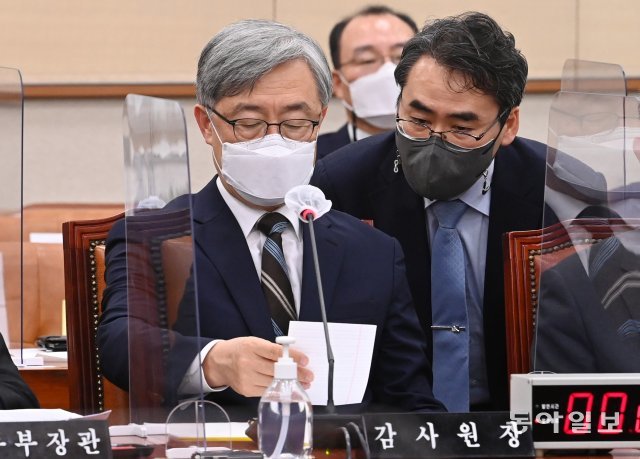18일 서울 여의도 국회에서 열린 법제사법위원회에서 최재형 감사원장이 의원들의 관계자로부터 자료를 전달받고 있다. 사진공동취재단