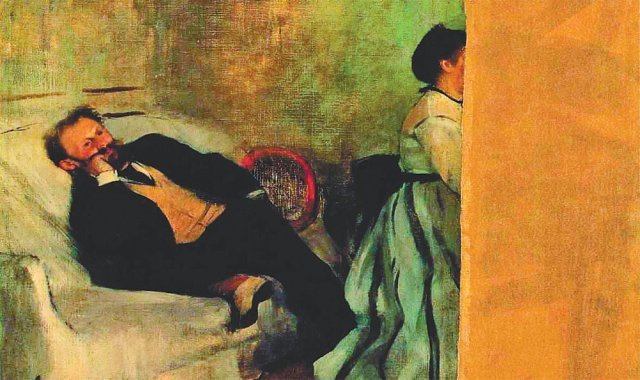 에드가르 드가는 절친한 친구 에두아르 마네와 그의 부인을 모델로 초상화 ‘마네와 마네의 부인상’을 그렸다. 그림 오른편에 피아노를 치고 있는 마네의 부인 수잔은 얼굴 부분이 찢겨 있다. 그림을 칼로 찢은 건 남편 마네였다. 앵글북스 제공