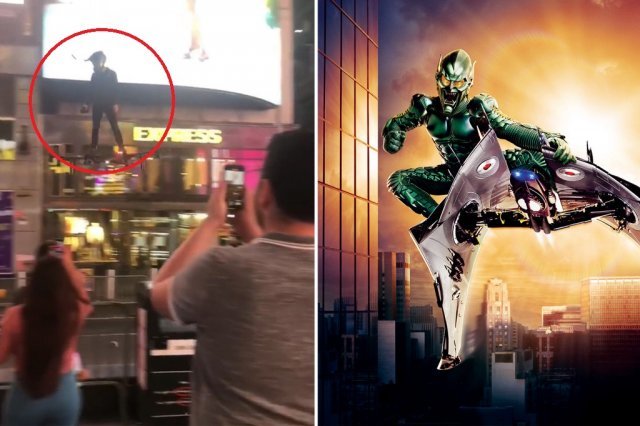 왼쪽은 뉴욕 타임스퀘어에 호버보드를 타고 나타난 남성, 오른쪽은 영화 ‘스파이더맨’에 등장하는 악당 그린 고블린. 뉴욕포스트 갈무리
