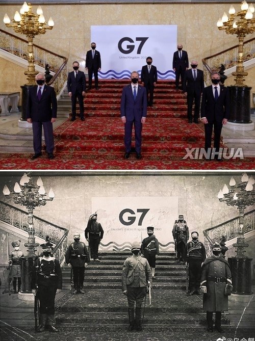 5월 열린 주요 7개국(G7) 외교장관 회담 기념사진을 1900년 베이징을 함락한 8개국 연합군으로 
풍자한 사진. 이 사진은 중국에서 큰 반향을 일으켰고, 많은 중국 젊은이들에게 서방 세계에 대해 경각심을 갖도록 하는 계기가 
됐다. 바이두 캡쳐