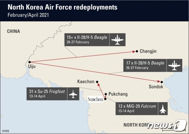 올 들어 북한 순천비행장과 의주비행장에 배치돼 있던 전투기 등 군용기들이 다른 지역으로 재배치됐다. (영국 국제전략연구소(IISS))© 뉴스1