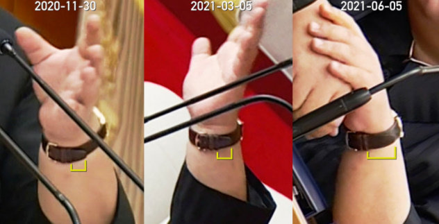 왼쪽부터 지난해 11월과 올해 3월, 그리고 6월 김정은 위원장이 같은 손목시계를 착용하고 나온 모습. 엔케이뉴스·조선중앙통신 캡처