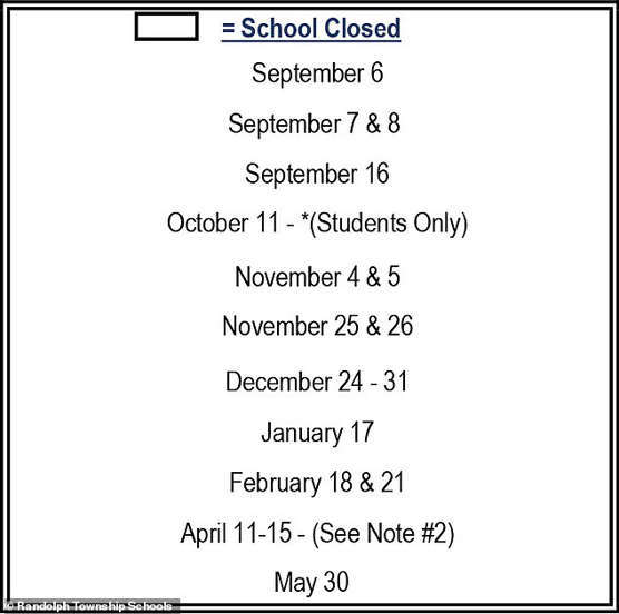미 뉴저지 주 랜돌프 고교는 학사 일정을 공개하면서 ‘학교 문 닫는 날(School Closed)’이라는 제목 아래 공휴일 날짜만을 공개했다(왼쪽). 오른쪽은 원래 공개하려면 휴일 명칭이 들어간 원본. (자료: MSN)