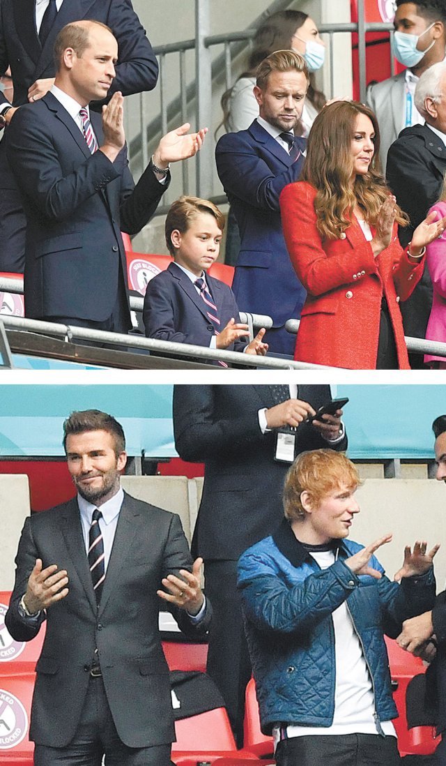 영국 윌리엄 왕세손과 장남 조지, 캐서린 세손빈(위쪽 사진 왼쪽부터)이 30일 영국 런던 웸블리 스타디움에서 잉글랜드 축구 대표팀을 응원하고 있다. 아래쪽 사진은 축구스타 데이비드 베컴(왼쪽)과 팝스타 에드 시런. 런던=AP 뉴시스