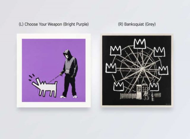 뱅크시(Banksy)의 ‘Choose Your Weapon (Bright Purple)’과 ‘Bankquiat (Grey)’ (출처=테사)