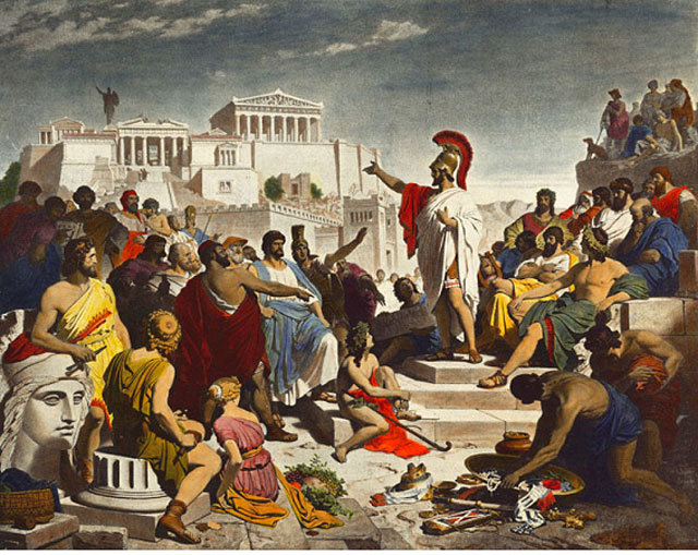 페리클레스의 연설 모습을 담은 독일 화가 필리프 폰 폴츠의 1842년 작 ‘페리클레스의 장례연설’. 페리클레스는 기원전 431년 전몰자들을 위한 연설에서 아테네의 민주정을 찬양했다. 사진 출처 위키피디아