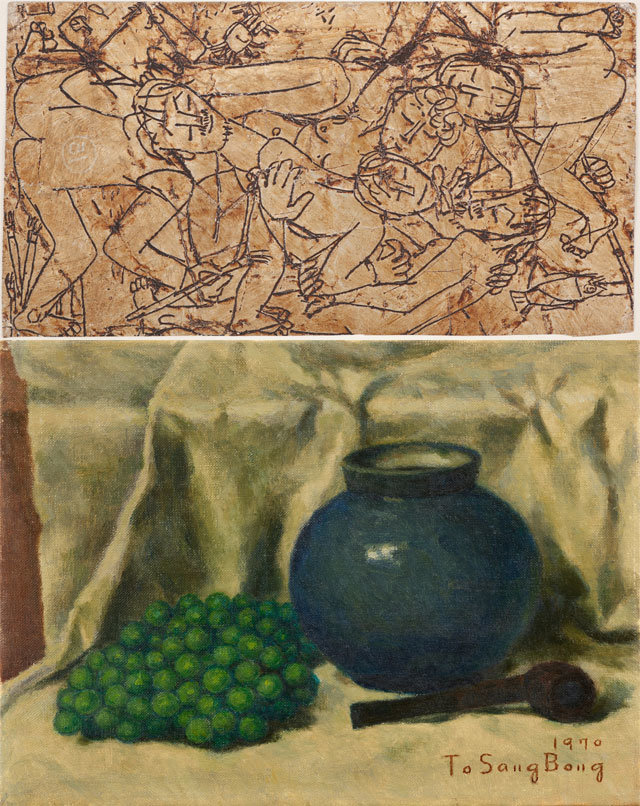 위부터 이중섭 ‘은지화’(이건희 컬렉션), 도상봉의 ‘포도 항아리가 있는 정물’(이건희 컬렉션)