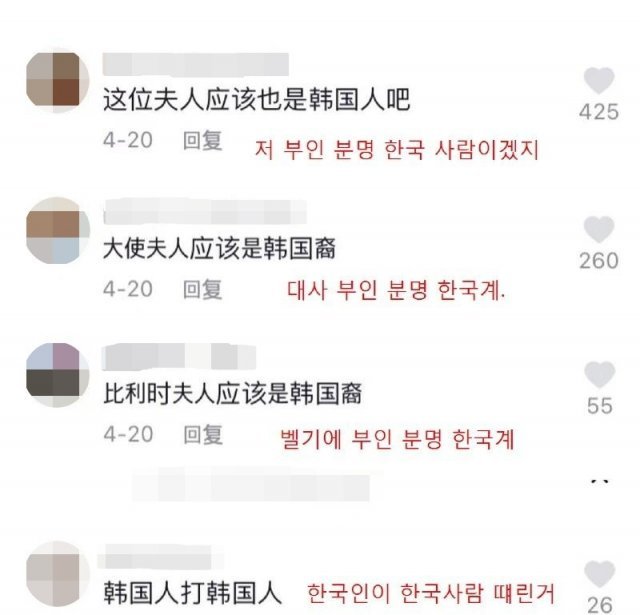 벨기에 대사 부인이 한국인이라고 주장하는 중국 누리꾼들. 온라인 커뮤니티