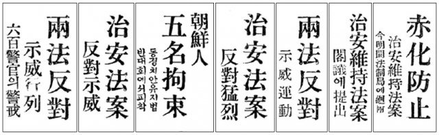 동아일보는 1925년 1월부터 일본의 치안유지법 제정 움직임을 최대한 빠짐없이 보도했다. 위는 치안유지법 제정과 각계의 반대 행동을 전한 주요 기사의 제목들이다.