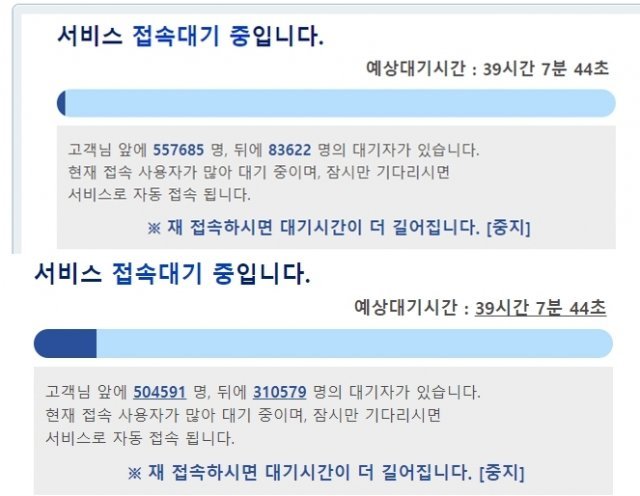 요지부동 백신예약 사이트. 12일 새벽 2시30분 대기시간(위)이 3시10분에도 똑같이 ‘39시간 7분 44초’를 보이고 있다. 40여분 동안 대기자만 23만명 가량 늘어났다. (백신예약 사이트 갈무리) © 뉴스1