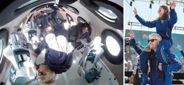 11일(현지 시간) 영국의 억만장자 사업가인 리처드 브랜슨 버진그룹 회장(왼쪽 사진 앞)과 그가 세운 우주 여행사 버진갤럭틱의 
직원, 조종사 등이 지구 상공 86km 지점에서 갤럭틱의 우주 비행선 ‘VSS 유니티’ 내부가 무중력 상태가 되자 허공에 둥둥 떠
 있다. 오른쪽 사진은 약 1시간의 짧은 우주여행을 성공적으로 마친 브랜슨 회장이 미국 뉴멕시코주 스페이스포트 우주센터에 귀환한 뒤
 함께 탑승했던 시리샤 반들라 갤럭틱 임원을 어깨 위에 태운 채 기뻐하는 모습. 버진갤릭틱 제공·뉴멕시코=AP 뉴시스