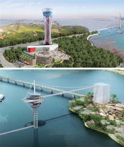 태안군 남면 영목항 나들목에 설치될 영목항전망대(위쪽 사진)와 청양군 칠갑호에 내년까지 건립 예정인 칠갑호 하늘길 스카이워크 조감도(아래쪽 사진). 태안군·청양군 제공